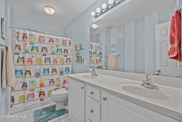 144 Newington Way, Aberdeen, NC 28315 - bathroom featuring tile patterned floors, toilet, double vanity, and a shower with shower curtain
