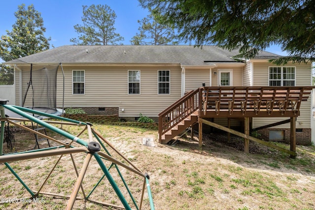 144 Newington Way, Aberdeen, NC 28315 - rear view of property with crawl space, stairway, a wooden deck, and roof with shingles