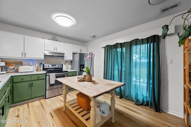 303 Foxtrace Ln, Hubert, NC 28539 - kitchen featuring appliances with stainless steel finishes, green cabinetry, under cabinet range hood, light countertops, and a textured ceiling