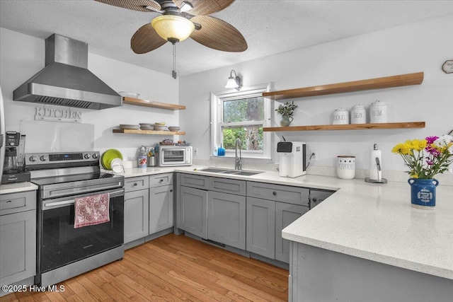 4407 E Oak Island Dr, Oak Island, NC 28465 - kitchen featuring wall chimney exhaust hood, stainless steel electric range, gray cabinets, open shelves, and a sink