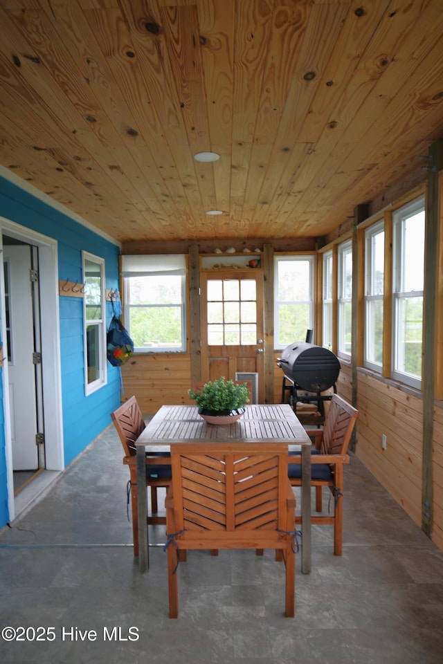 105 Sandy Landing Rd, Cedar Island, NC 28520 - dining area featuring wooden walls and wood ceiling