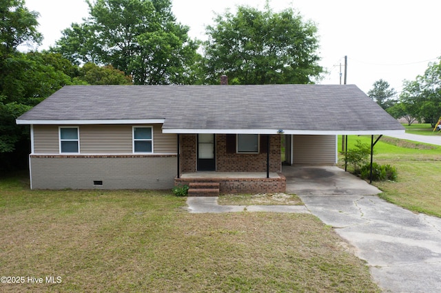 411 E Institute St, Chadbourn, NC 28431 - single story home with brick siding, a front lawn, concrete driveway, a carport, and crawl space