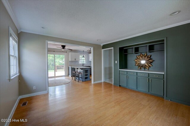 1721 Spencer Ave, New Bern, NC 28560 - unfurnished living room with a textured ceiling, light wood-style flooring, crown molding, baseboards, and a sink