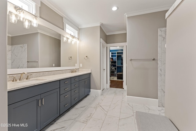 4224 Cobleskill Dr, Leland, NC 28451 - bathroom featuring double vanity, marble finish flooring, a walk in closet, walk in shower, and recessed lighting