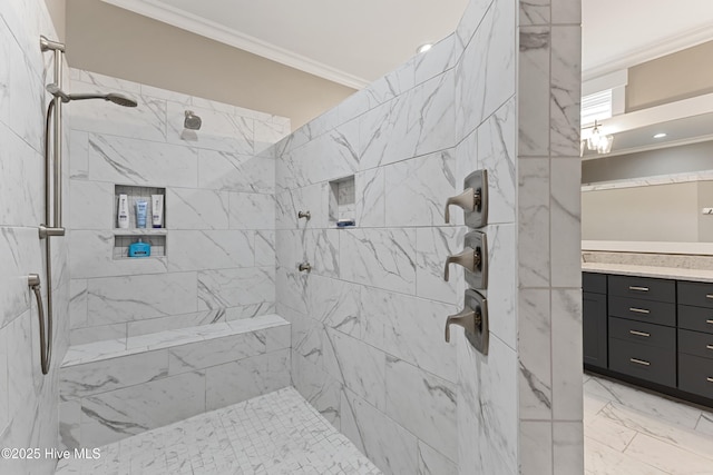 4224 Cobleskill Dr, Leland, NC 28451 - bathroom with crown molding, marble look tiles, tiled shower, and vanity