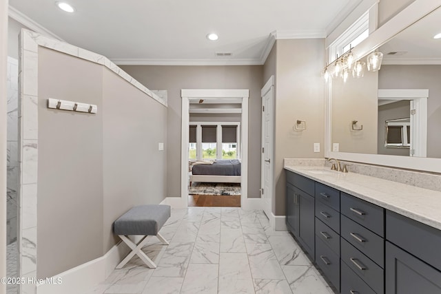 4224 Cobleskill Dr, Leland, NC 28451 - ensuite bathroom featuring vanity, crown molding, recessed lighting, marble finish floors, and baseboards