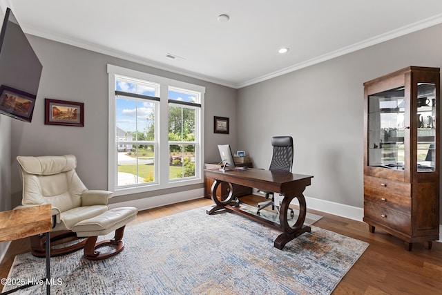 4224 Cobleskill Dr, Leland, NC 28451 - office area with ornamental molding, wood finished floors, baseboards, and recessed lighting