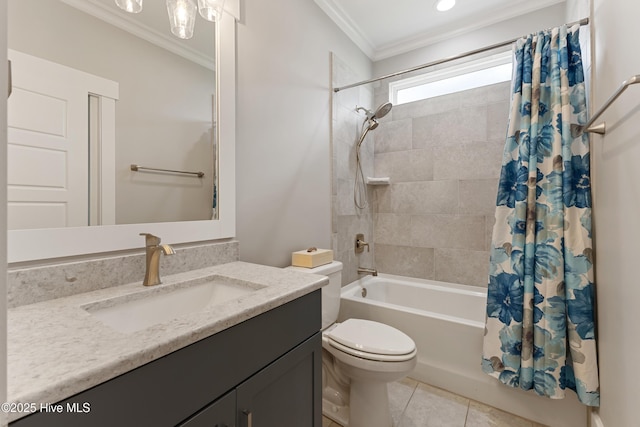 4224 Cobleskill Dr, Leland, NC 28451 - bathroom with vanity, toilet, shower / bath combination with curtain, ornamental molding, and tile patterned flooring