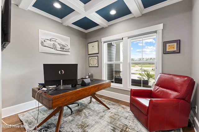 4224 Cobleskill Dr, Leland, NC 28451 - home office featuring wood finished floors, beam ceiling, coffered ceiling, baseboards, and recessed lighting