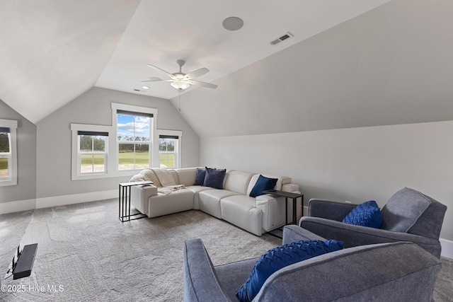 4224 Cobleskill Dr, Leland, NC 28451 - carpeted living room featuring ceiling fan, lofted ceiling, and baseboards
