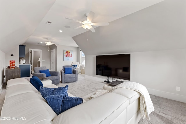 4224 Cobleskill Dr, Leland, NC 28451 - carpeted living area with a ceiling fan, lofted ceiling, and baseboards