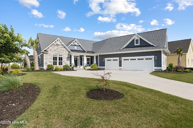 4224 Cobleskill Dr, Leland, NC 28451 - craftsman inspired home featuring a front lawn, an attached garage, concrete driveway, roof with shingles, and stone siding