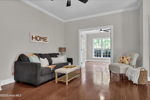 1306 Wakefield Ct, Winnabow, NC 28479 - living area featuring ceiling fan, crown molding, wood-type flooring, and baseboards