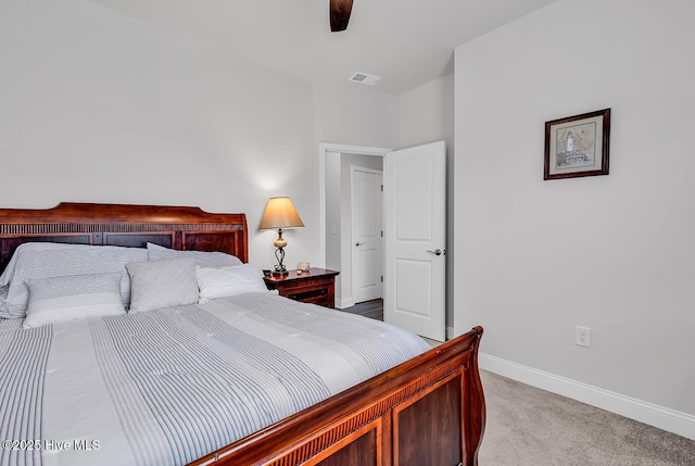 bedroom featuring carpet floors, baseboards, and a ceiling fan