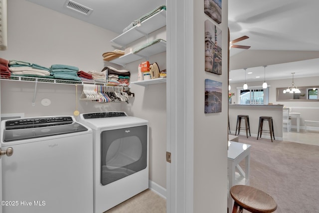 2017 Willow Stone Ct, Leland, NC 28451 - laundry room with washer and clothes dryer, ceiling fan, baseboards, and light colored carpet