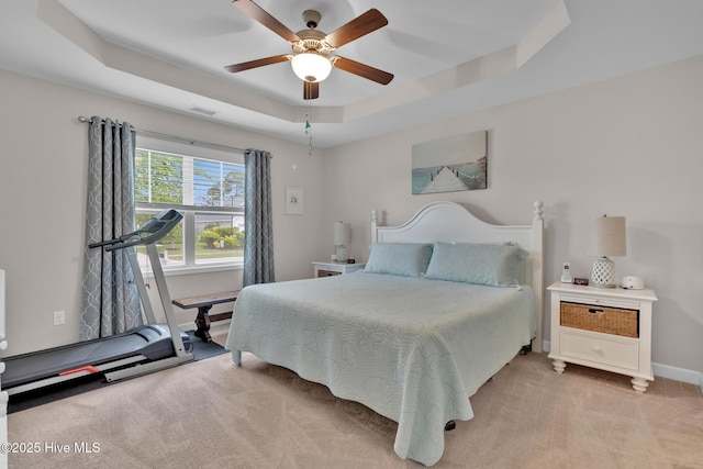 2017 Willow Stone Ct, Leland, NC 28451 - bedroom with light carpet, a tray ceiling, baseboards, and a ceiling fan