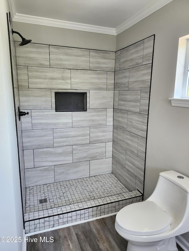 5024 Gate Post Ln, Wilmington, NC 28412 - full bathroom with toilet, a stall shower, crown molding, and wood finished floors