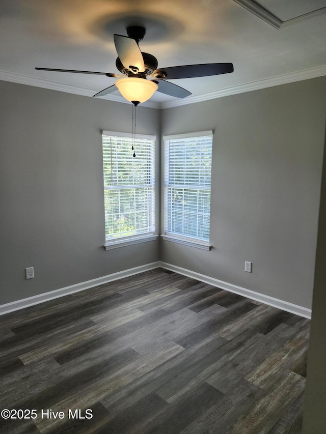5024 Gate Post Ln, Wilmington, NC 28412 - empty room featuring dark wood-style flooring, baseboards, ceiling fan, and ornamental molding
