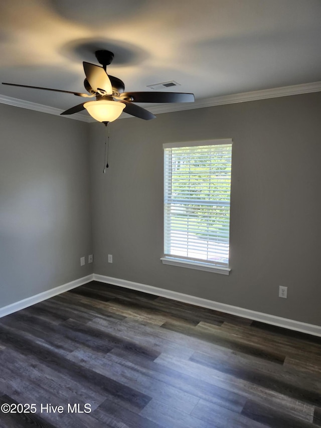 5024 Gate Post Ln, Wilmington, NC 28412 - spare room featuring ornamental molding, ceiling fan, baseboards, and dark wood-style flooring