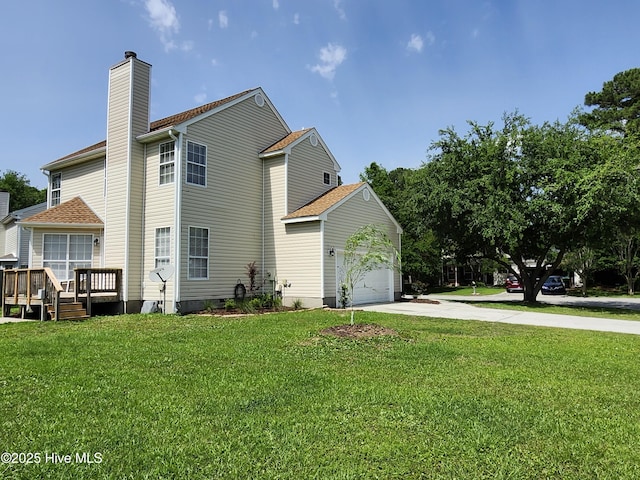 5024 Gate Post Ln, Wilmington, NC 28412 - view of side of property featuring a chimney, driveway, a yard, an attached garage, and a wooden deck