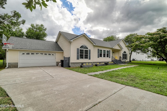 60 Pine Lake Rd, Southport, NC 28461 - ranch-style house with driveway, a front lawn, an attached garage, and roof with shingles