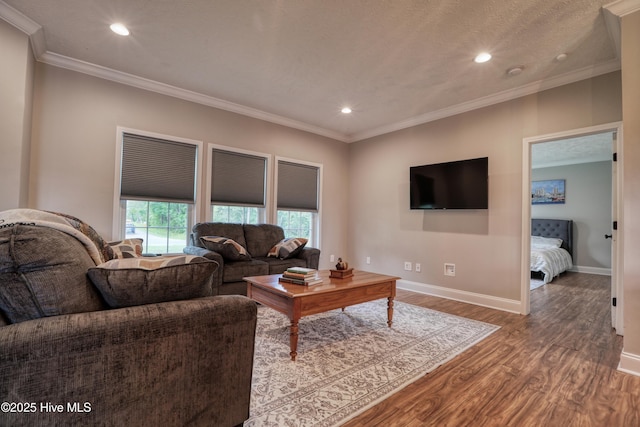 60 Pine Lake Rd, Southport, NC 28461 - living room featuring wood finished floors, recessed lighting, crown molding, and baseboards