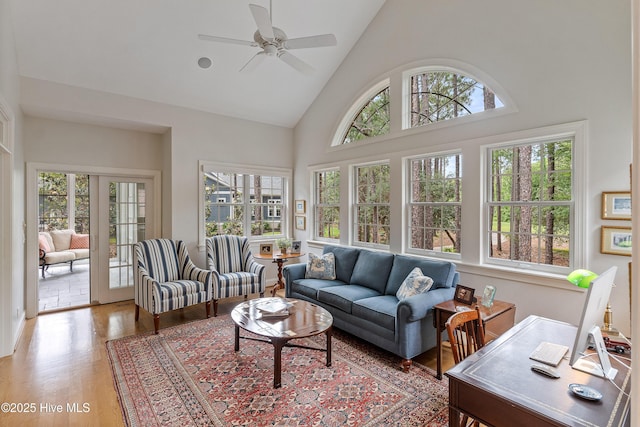 3792 Bancroft Pl, Southport, NC 28461 - living area with high vaulted ceiling, a ceiling fan, and light wood-style flooring