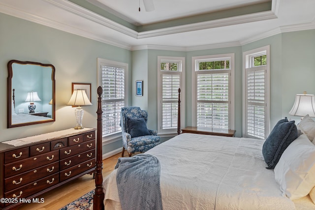 3792 Bancroft Pl, Southport, NC 28461 - bedroom featuring wood finished floors, a raised ceiling, crown molding, ceiling fan, and baseboards