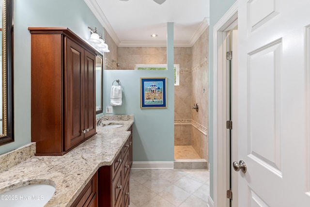 3792 Bancroft Pl, Southport, NC 28461 - bathroom featuring double vanity, a walk in shower, tile patterned flooring, ornamental molding, and baseboards
