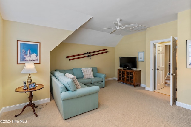 3792 Bancroft Pl, Southport, NC 28461 - living area with a ceiling fan, carpet, and vaulted ceiling