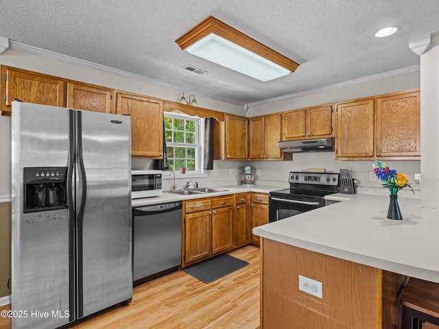 245 Parnell Rd, Hubert, NC 28539 - kitchen with stainless steel appliances, under cabinet range hood, a sink, crown molding, and a peninsula