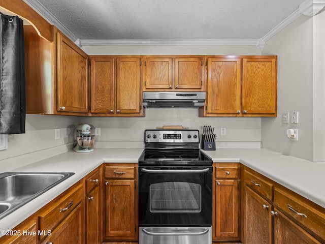 245 Parnell Rd, Hubert, NC 28539 - kitchen with under cabinet range hood, black electric range oven, ornamental molding, a textured ceiling, and light countertops