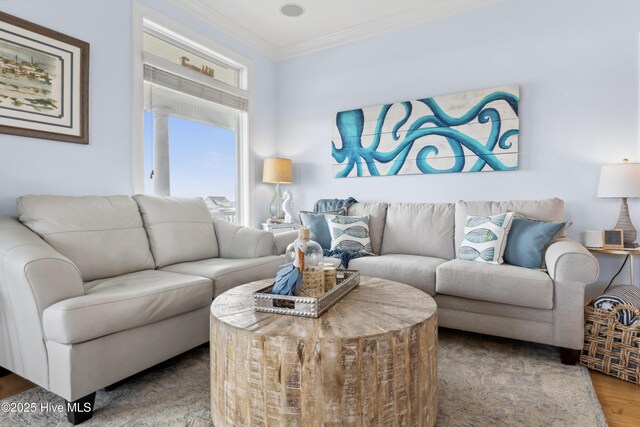 9089 W 9th St, Surf City, NC 28445 - living room featuring wood finished floors and ornamental molding