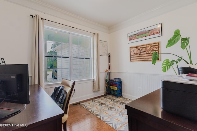 358 Folkstone Rd, Holly Ridge, NC 28445 - office area with ornamental molding, wood finished floors, and wainscoting