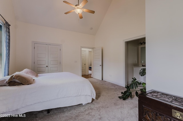 358 Folkstone Rd, Holly Ridge, NC 28445 - bedroom featuring high vaulted ceiling, carpet flooring, ceiling fan, and baseboards