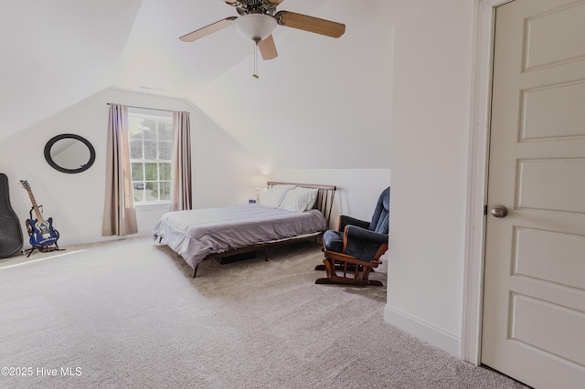 358 Folkstone Rd, Holly Ridge, NC 28445 - bedroom featuring carpet flooring, vaulted ceiling, a ceiling fan, and baseboards