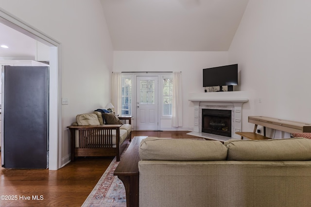 358 Folkstone Rd, Holly Ridge, NC 28445 - living area featuring high vaulted ceiling, wood finished floors, a fireplace with flush hearth, and baseboards