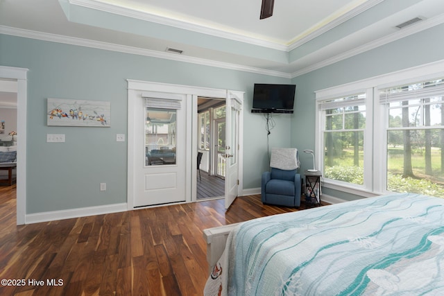 244 Red Fox Run Dr, Wallace, NC 28466 - bedroom with wood finished floors, a raised ceiling, ornamental molding, and a ceiling fan