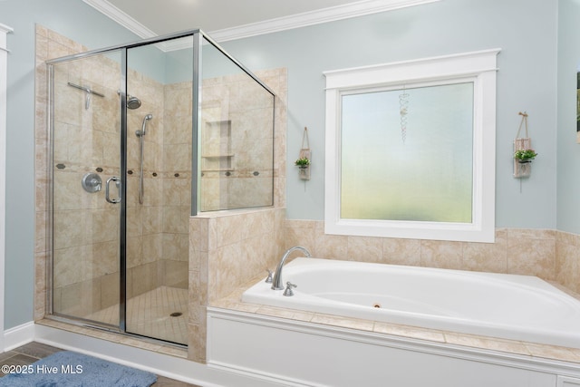 244 Red Fox Run Dr, Wallace, NC 28466 - full bath with a bath, a stall shower, and ornamental molding