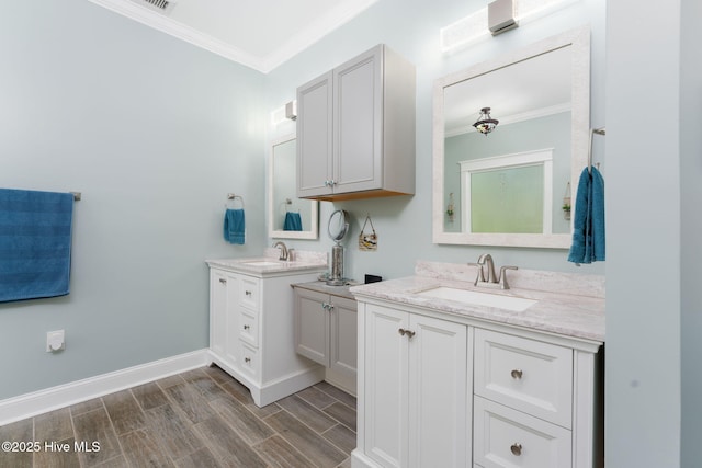 244 Red Fox Run Dr, Wallace, NC 28466 - full bathroom featuring ornamental molding, two vanities, and wood tiled floors