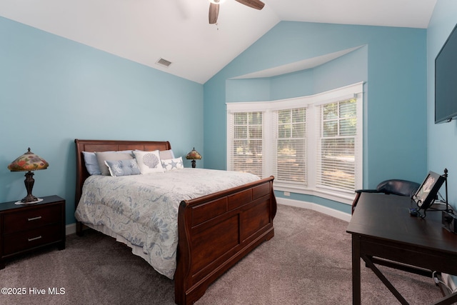 244 Red Fox Run Dr, Wallace, NC 28466 - bedroom featuring dark carpet, lofted ceiling, a ceiling fan, and an office area