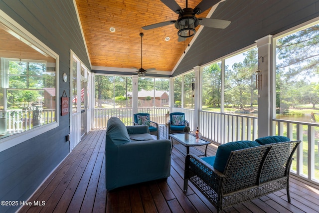 244 Red Fox Run Dr, Wallace, NC 28466 - sunroom featuring ceiling fan, healthy amount of natural light, lofted ceiling, and an outdoor hangout area