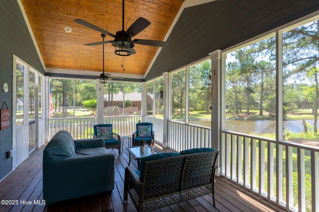 244 Red Fox Run Dr, Wallace, NC 28466 - sunroom with a water view, lofted ceiling, ceiling fan, outdoor lounge area, and plenty of natural light