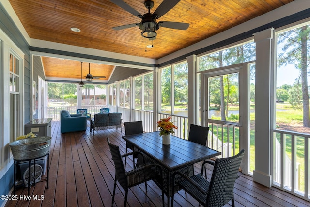 244 Red Fox Run Dr, Wallace, NC 28466 - sunroom featuring a ceiling fan, a water view, and outdoor dining area