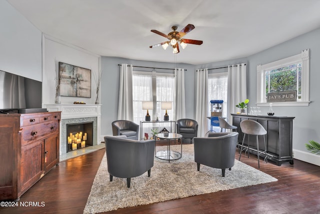 412 S 3rd St, Wilmington, NC 28401 - living room with ceiling fan, a high end fireplace, dark wood-style flooring, and baseboards