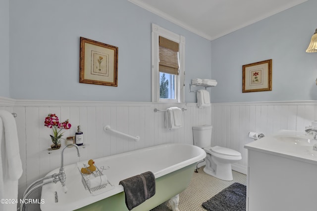 412 S 3rd St, Wilmington, NC 28401 - full bathroom featuring wainscoting, a freestanding bath, vanity, ornamental molding, and tile patterned flooring