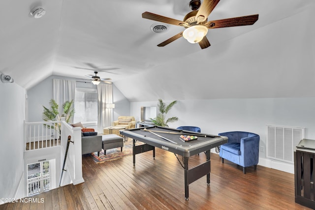 412 S 3rd St, Wilmington, NC 28401 - recreation room with ceiling fan, vaulted ceiling, dark wood-type flooring, and baseboards
