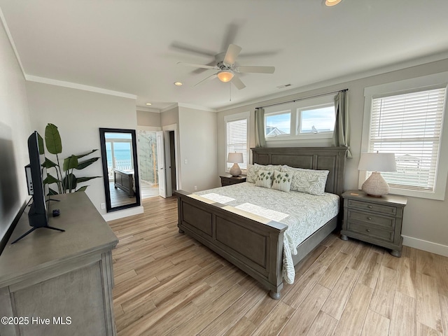 1012 New River Inlet Rd, North Topsail Beach, NC 28460 - bedroom featuring crown molding, baseboards, light wood-type flooring, recessed lighting, and a ceiling fan