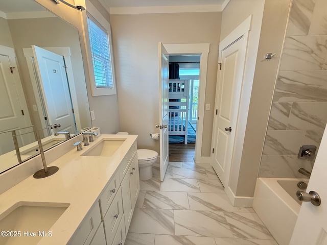 1012 New River Inlet Rd, North Topsail Beach, NC 28460 - full bath featuring marble finish flooring, baseboards, double vanity, and plenty of natural light