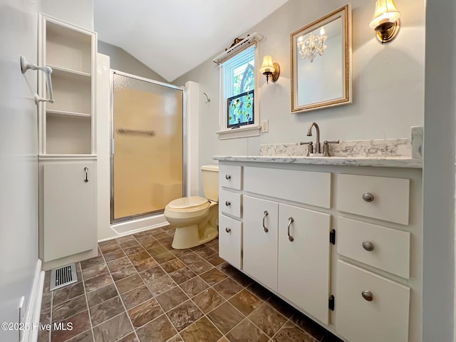 110 Virginia Rd, Edenton, NC 27932 - full bath featuring toilet, vaulted ceiling, a stall shower, and vanity